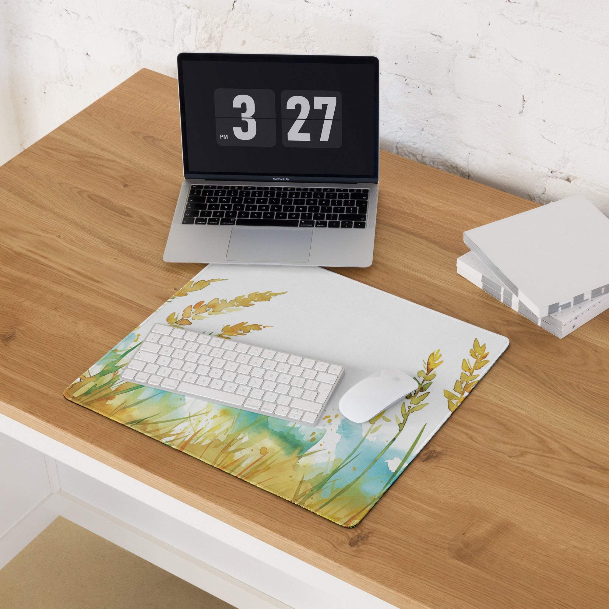 Large watercolor wheat grass gaming mouse pad with non-slip surface