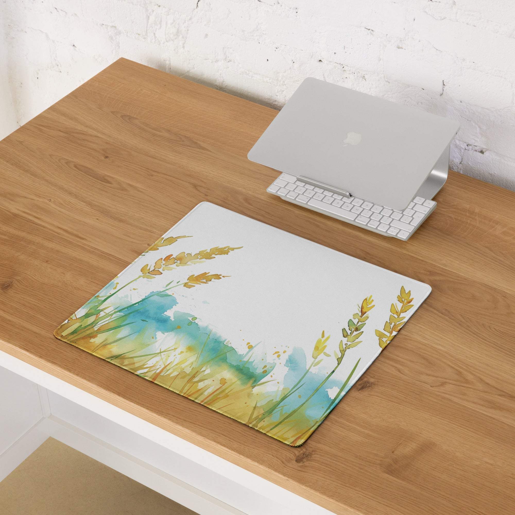 Watercolor golden wheat and teal grass gaming mouse pad, large non-slip