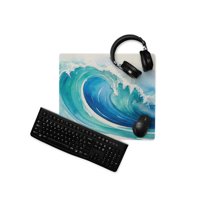 Blue watercolor ocean wave gaming mousepad in deep teal design