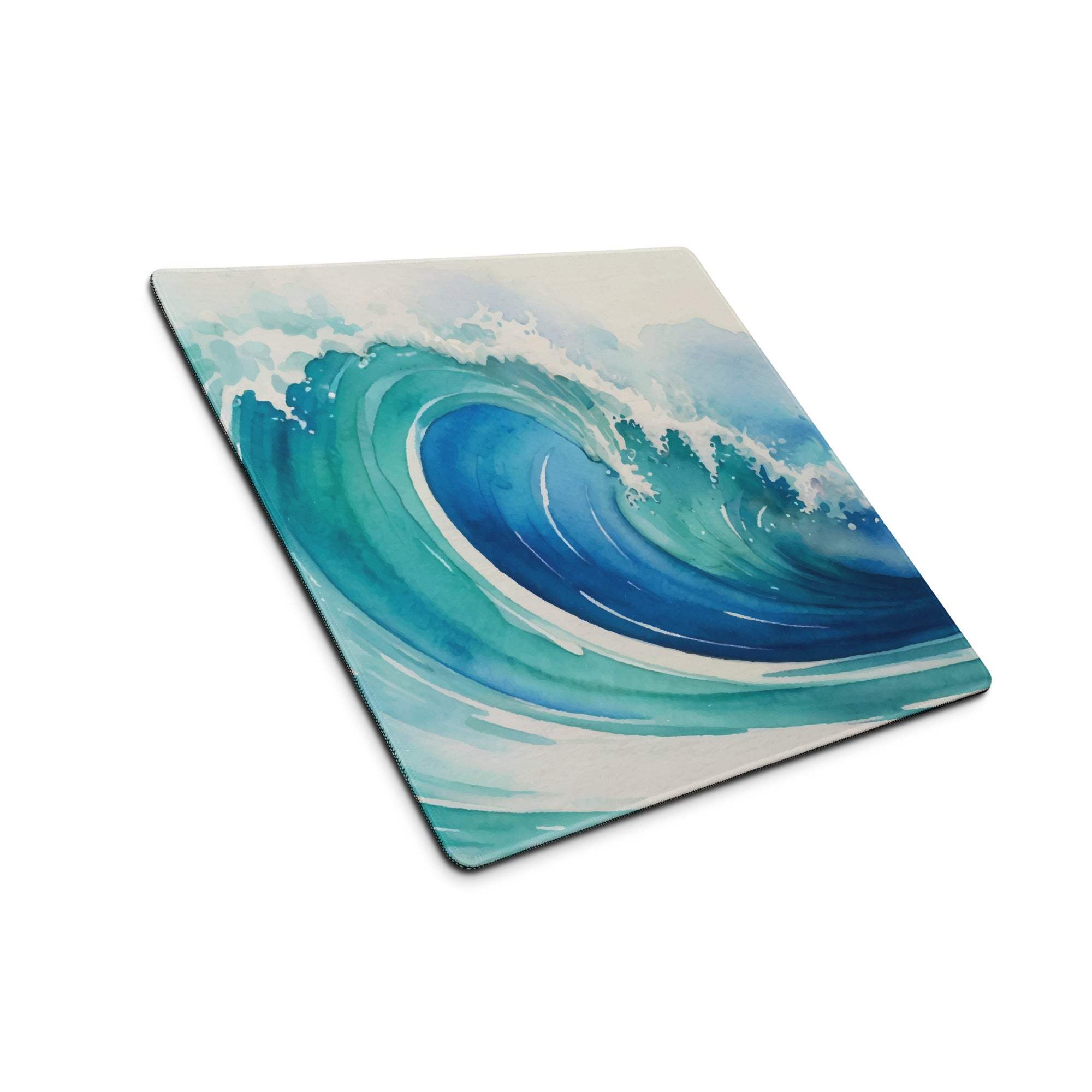 Vibrant watercolor ocean wave gaming mouse pad in deep blue teal