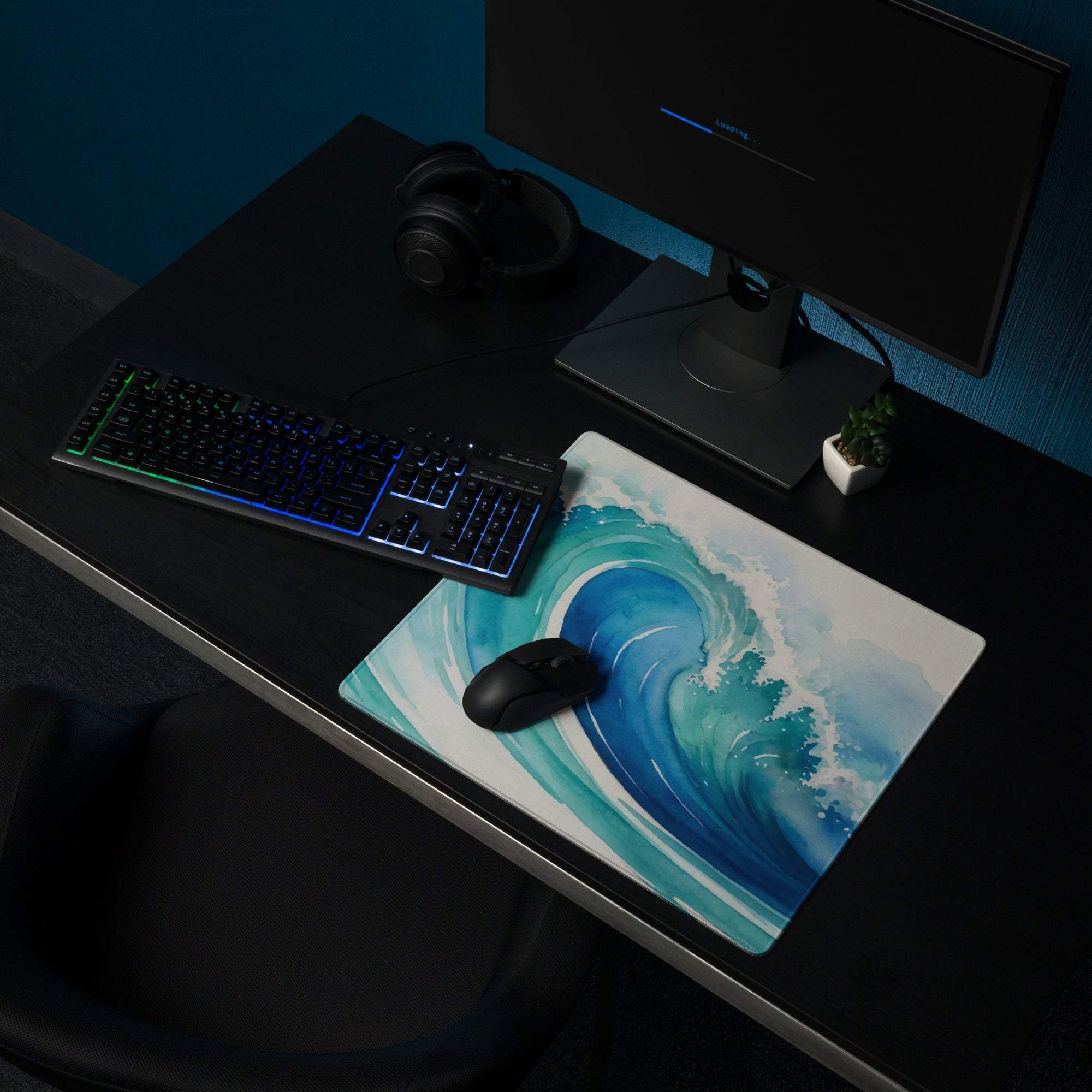 Blue white watercolor ocean wave gaming mouse pad deep teal design
