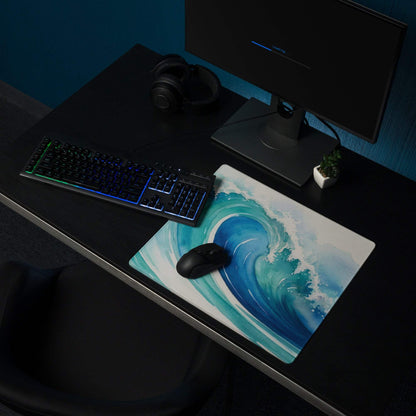 Blue white watercolor ocean wave gaming mouse pad deep teal design