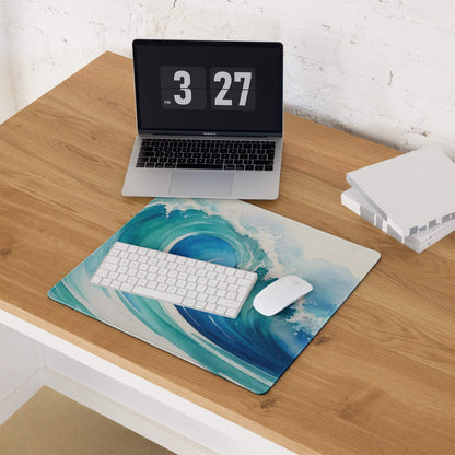 Blue ocean wave watercolor gaming mouse pad in deep teal