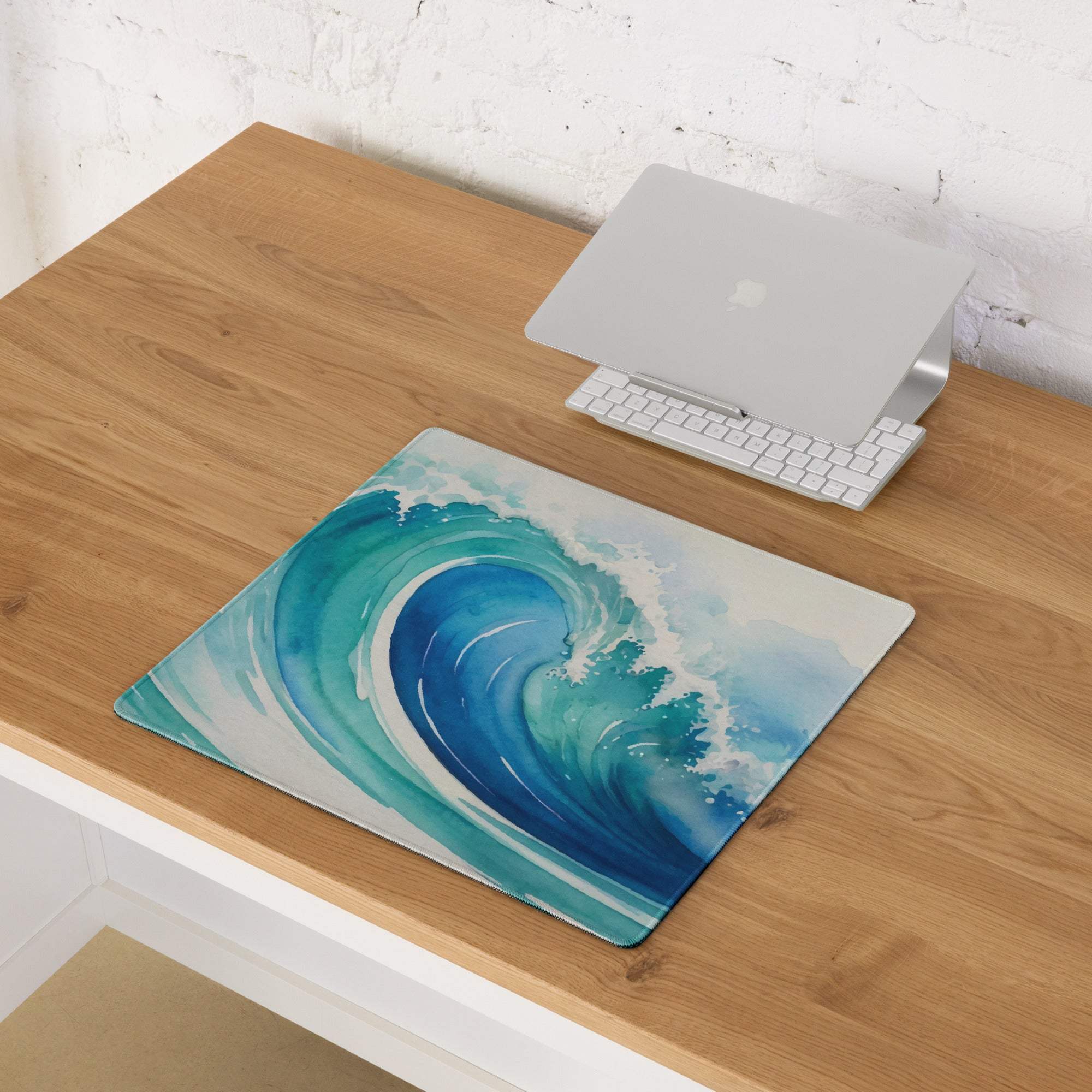 Watercolor ocean wave gaming mouse pad in deep blue teal