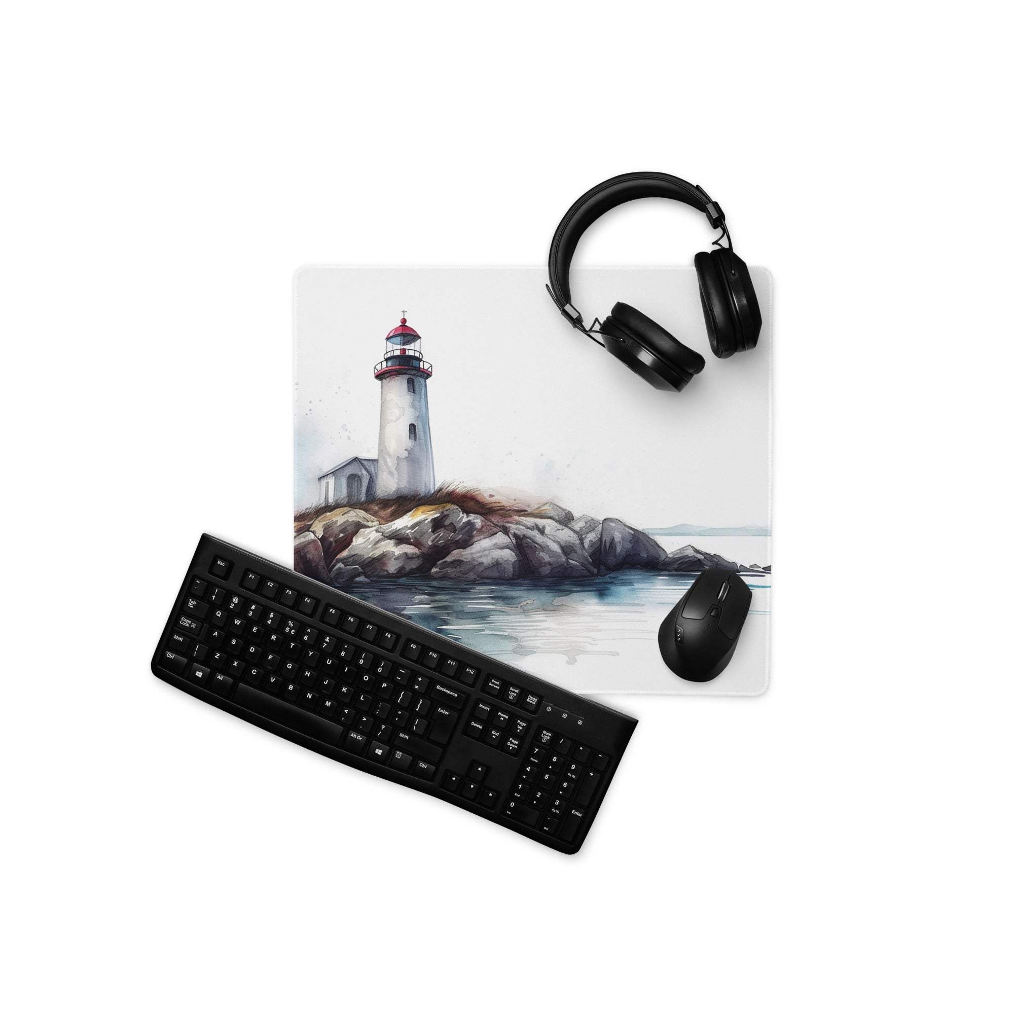 Watercolor lighthouse gaming mouse pad with non-slip base on keyboard