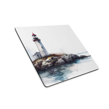 White watercolor lighthouse on rocky shores gaming mouse pad