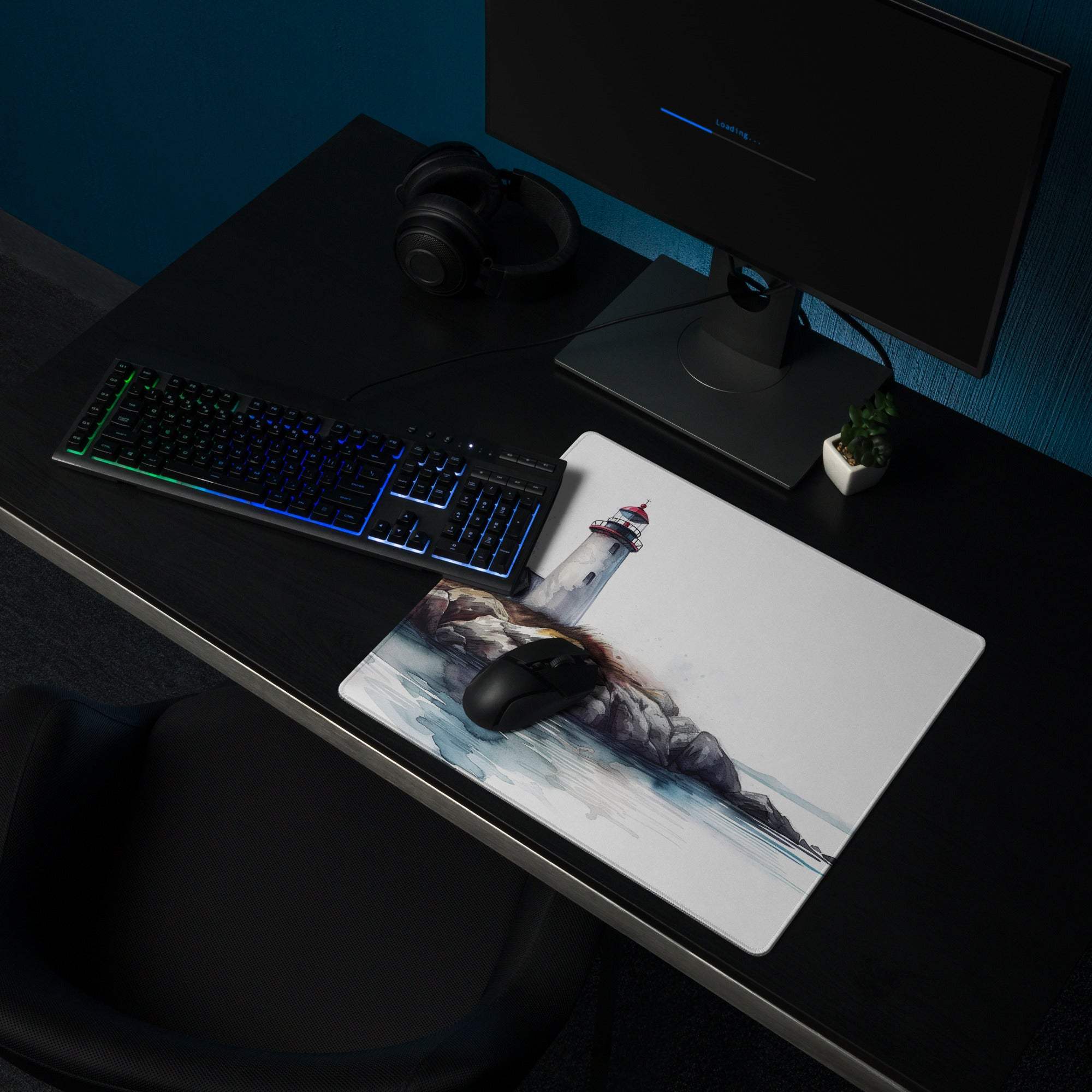 Watercolor lighthouse gaming mouse pad with non-slip base and stitching