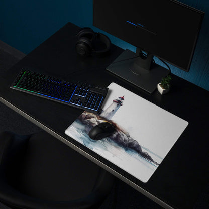 Watercolor lighthouse gaming mouse pad with non-slip base and stitching