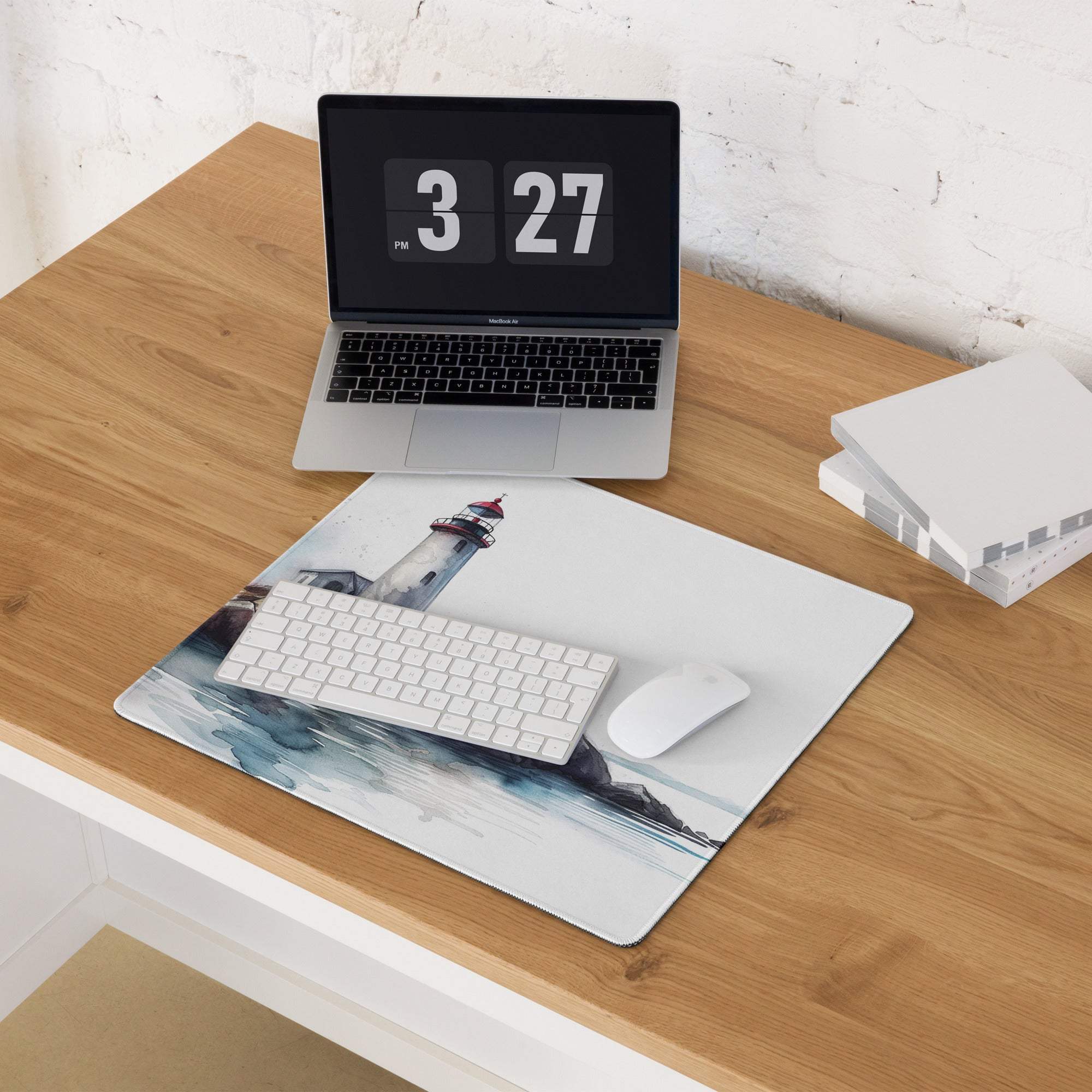 White watercolor lighthouse gaming mouse pad with blue waves, non-slip base