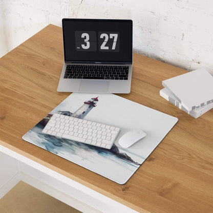 White watercolor lighthouse gaming mouse pad with blue waves, non-slip base
