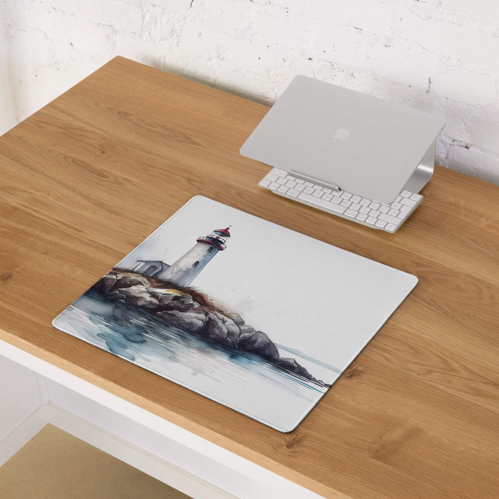 Watercolor lighthouse gaming mouse pad with non-slip base and stitching