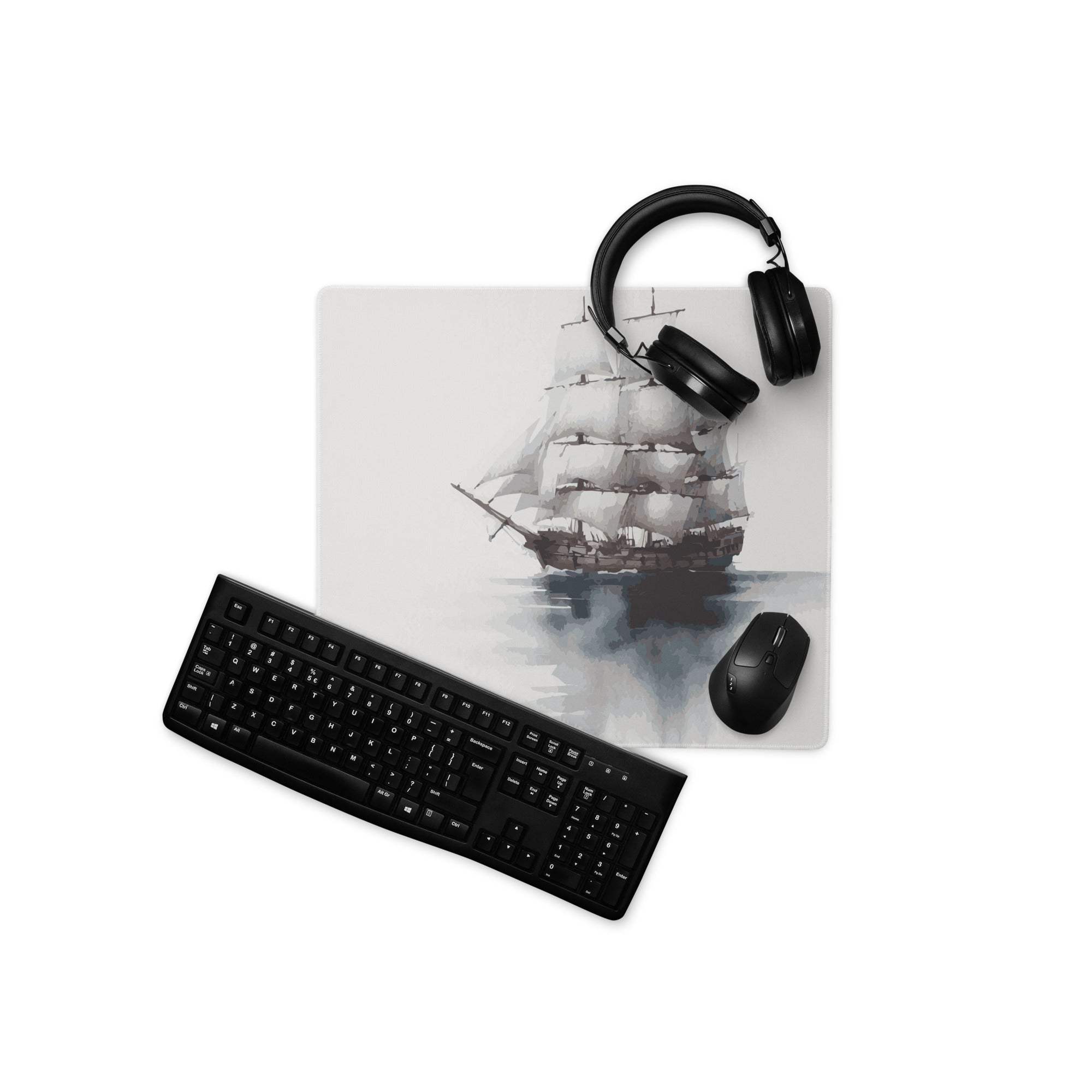 Grayscale historic sailing ship mousepad, calm gray large non-slip gaming pad