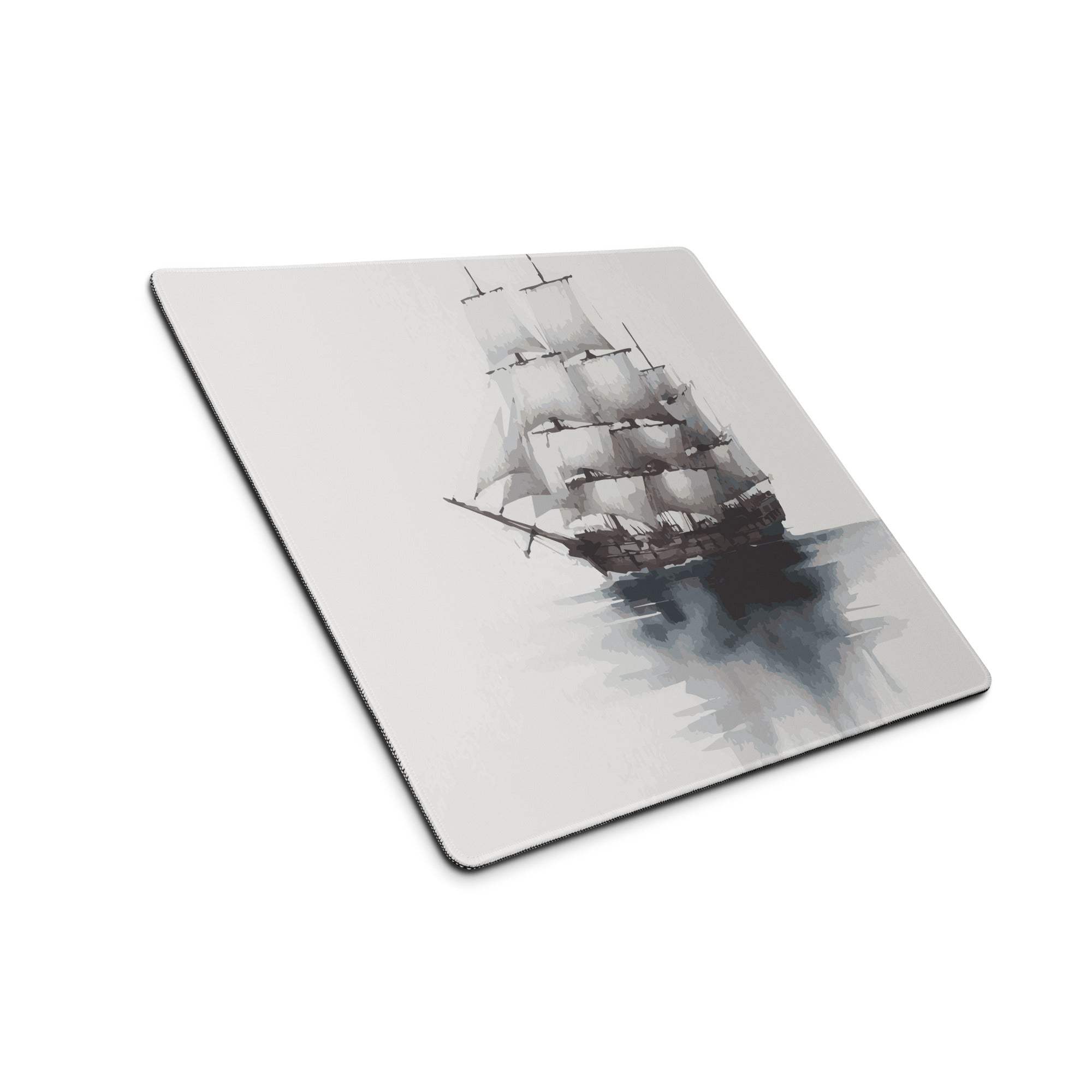 Gray square mousepad with watercolor tall ship sails, non-slip stitched edges