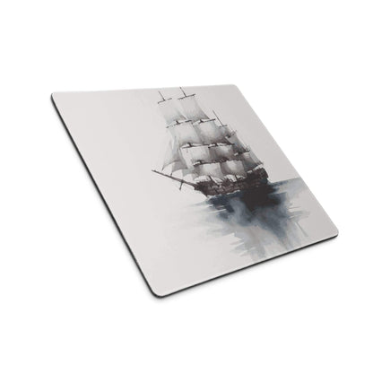 Gray square mousepad with watercolor tall ship sails, non-slip stitched edges