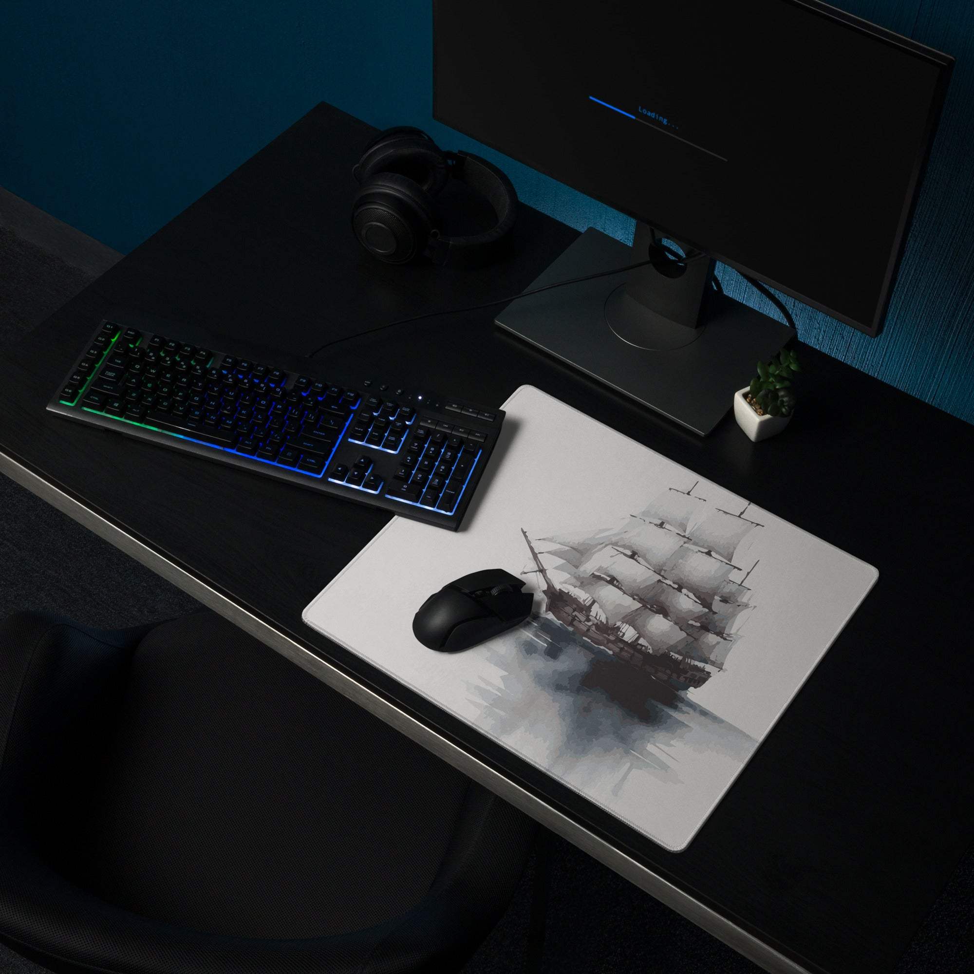 White sailing ship grayscale mousepad with watercolor shading, large non-slip gaming pad