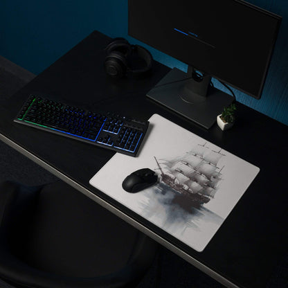 White sailing ship grayscale mousepad with watercolor shading, large non-slip gaming pad