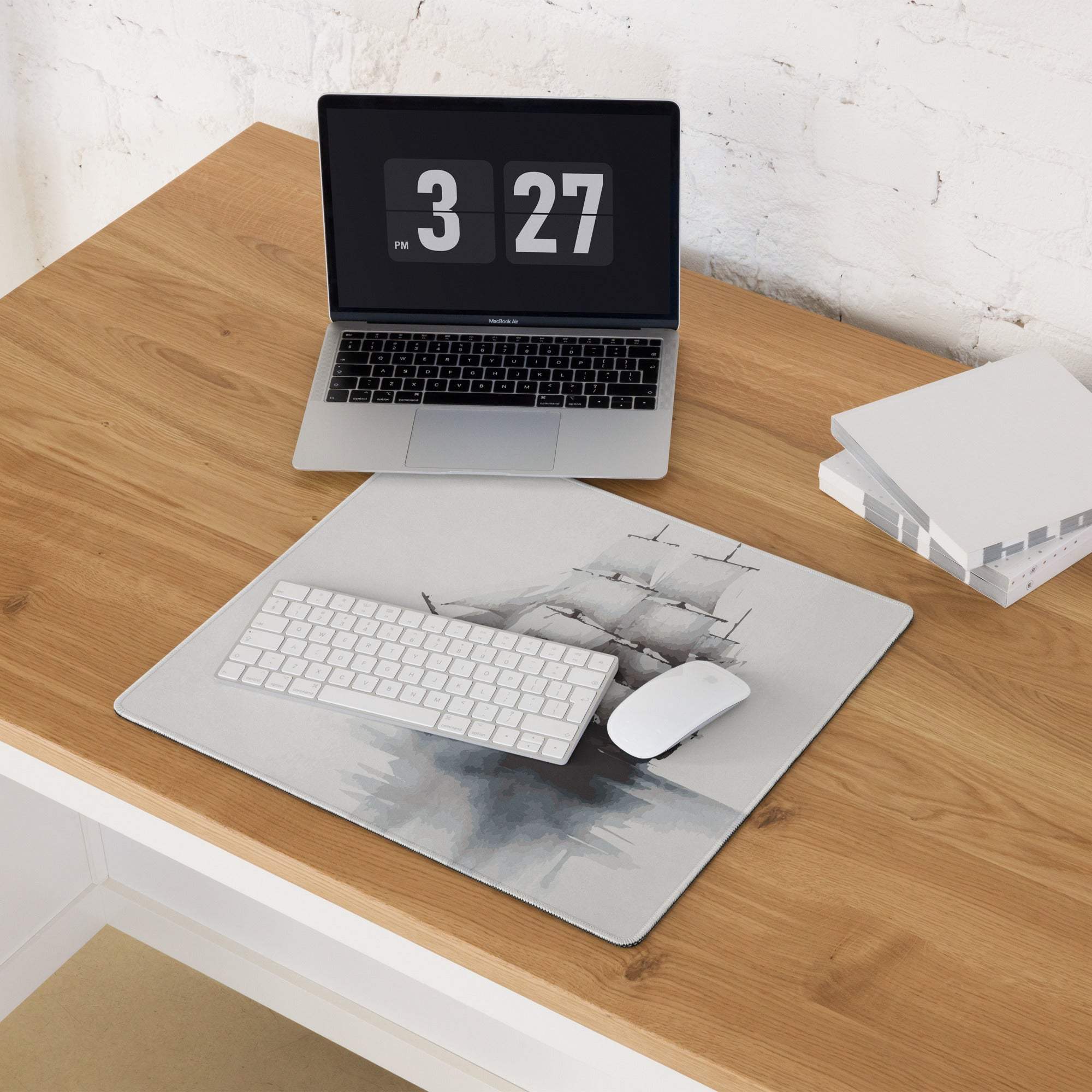 Gray nautical sailing ship mousepad in calm monochrome palette