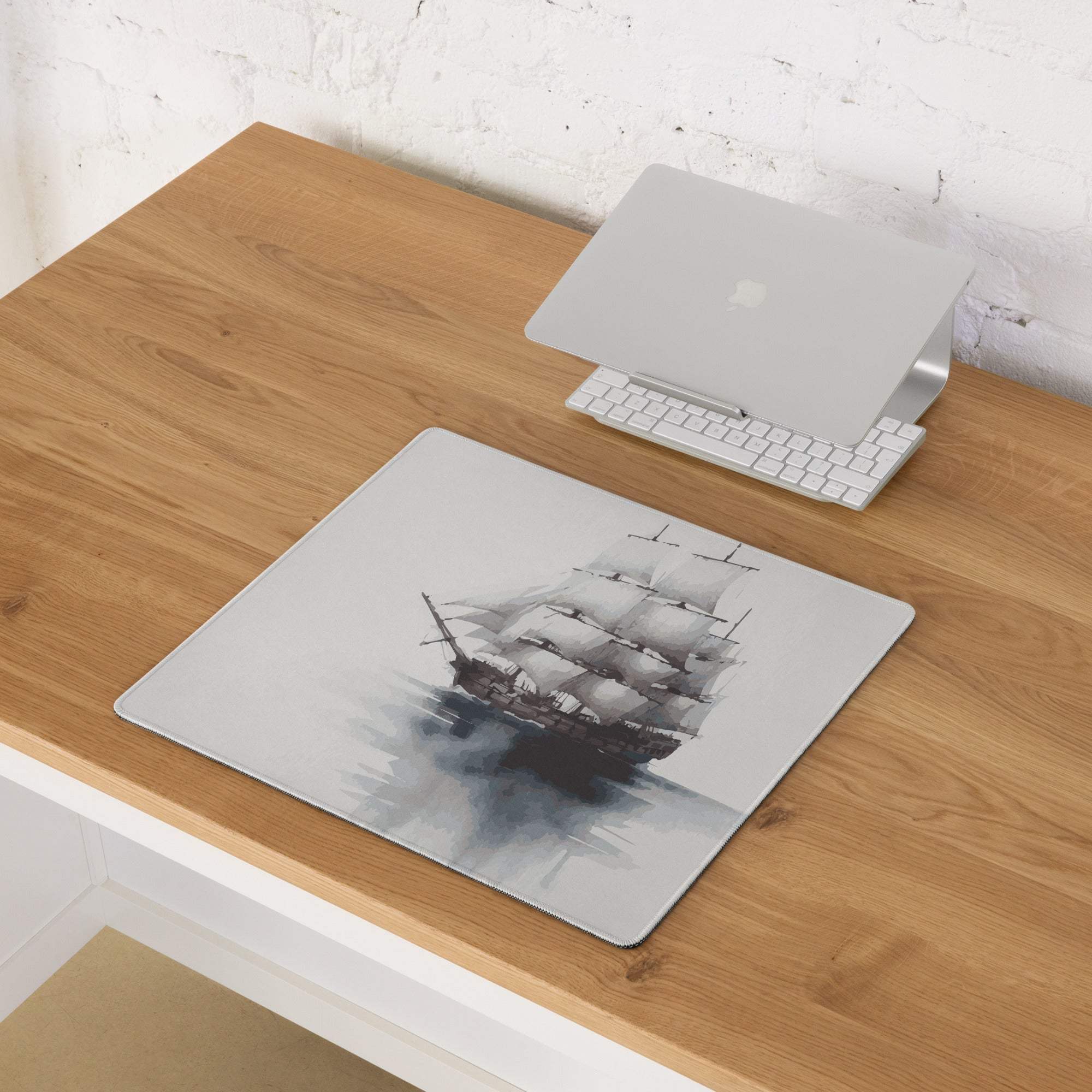Gray nautical sailing ship watercolor mousepad, large non-slip stitched gaming pad