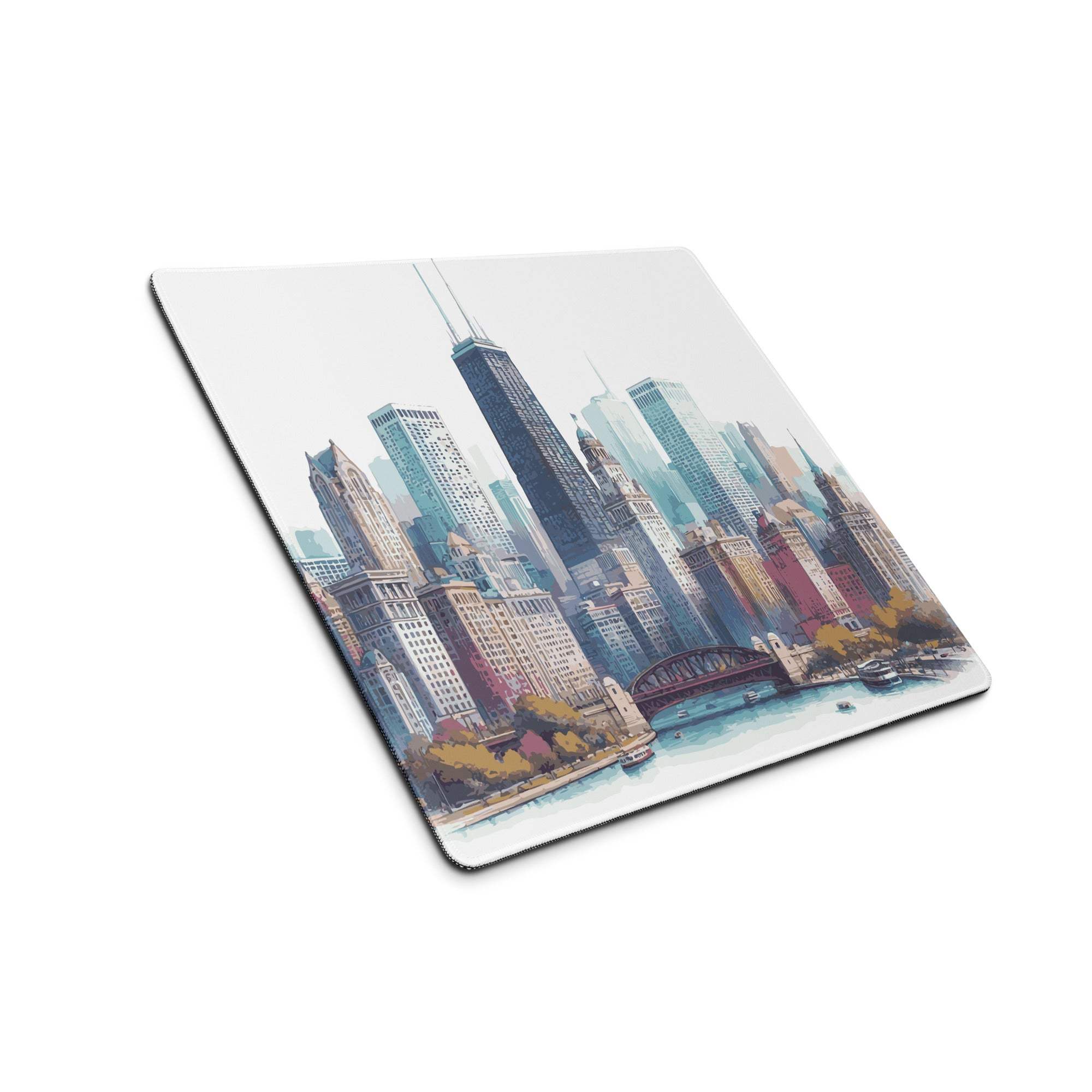 Chicago skyline square coaster on gaming mouse pad, autumn trees, water