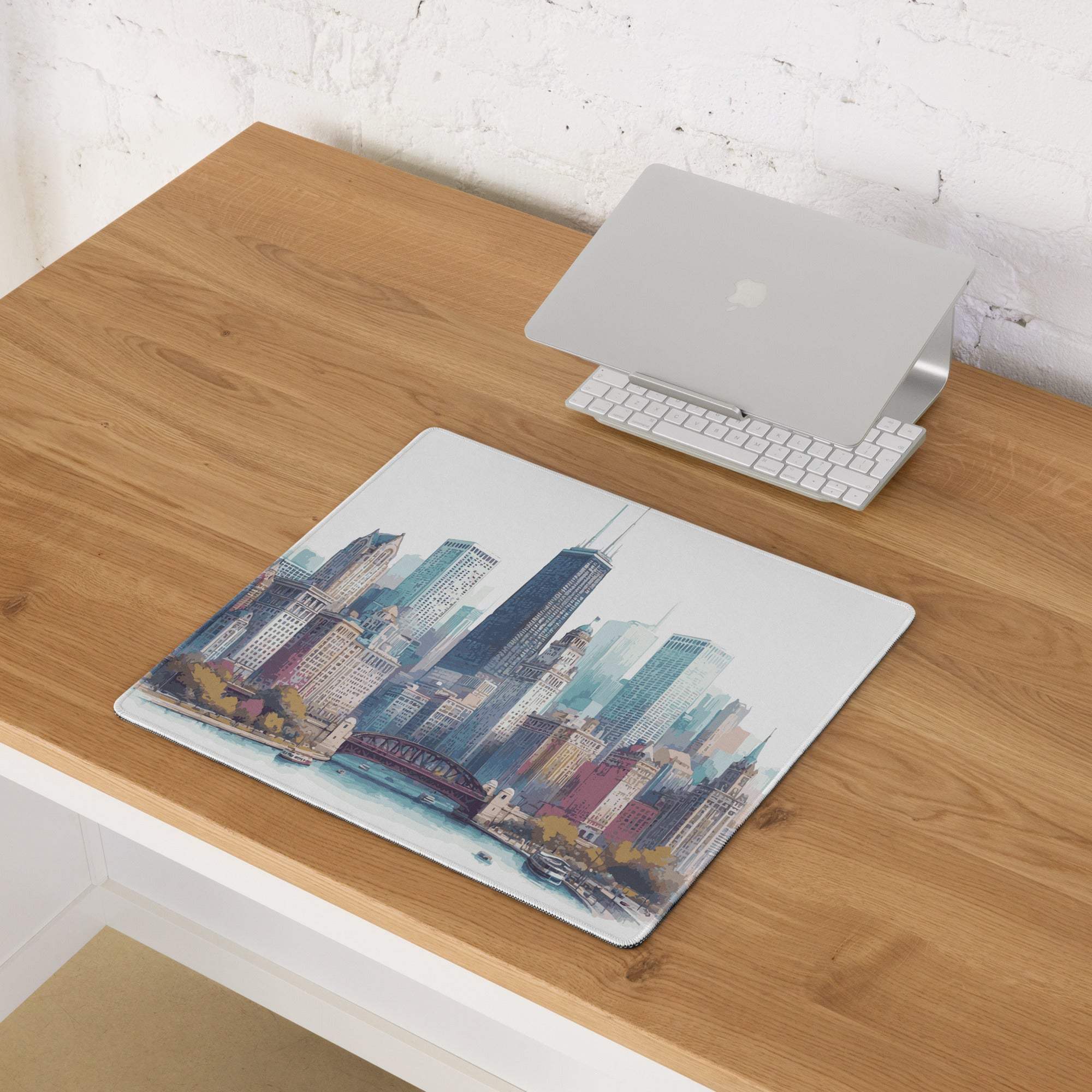 Vibrant Chicago skyline gaming mouse pad with non-slip base