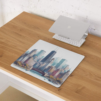Vibrant Chicago skyline gaming mouse pad with non-slip base