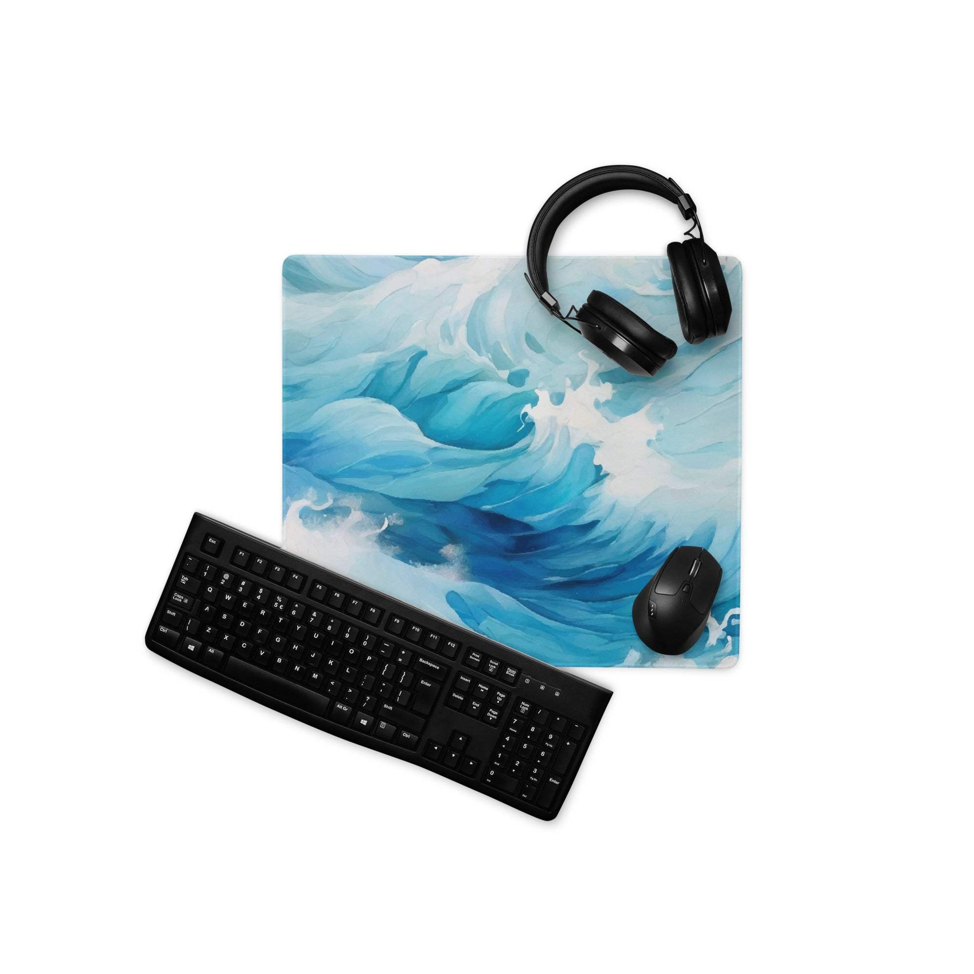 Blue ocean wave design large gaming mouse pad with non-slip base