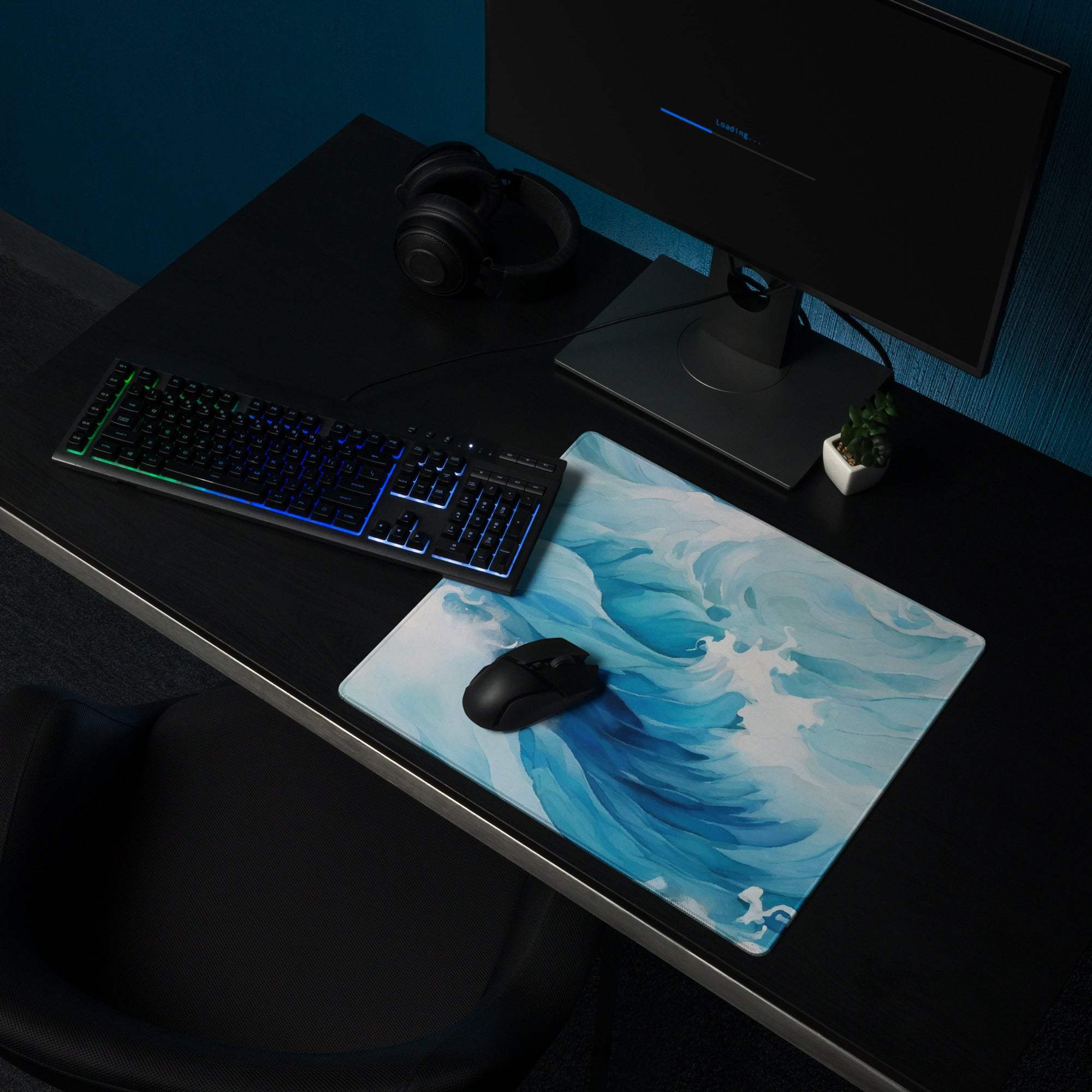 Blue white abstract ocean wave gaming mouse pad large non-slip base