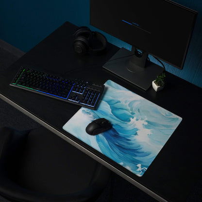 Blue white abstract ocean wave gaming mouse pad large non-slip base