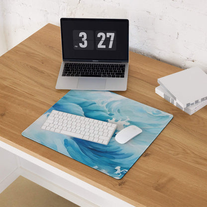 Large blue ocean wave gaming mouse pad with non-slip base and stitched edges