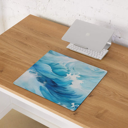 Large blue ocean wave gaming mouse pad with non-slip base and stitched edges