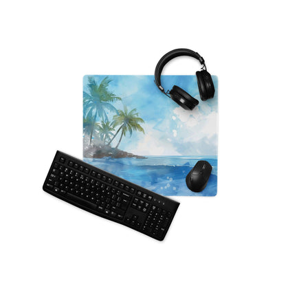 Blue watercolor tropical beach scene on large gaming mouse pad