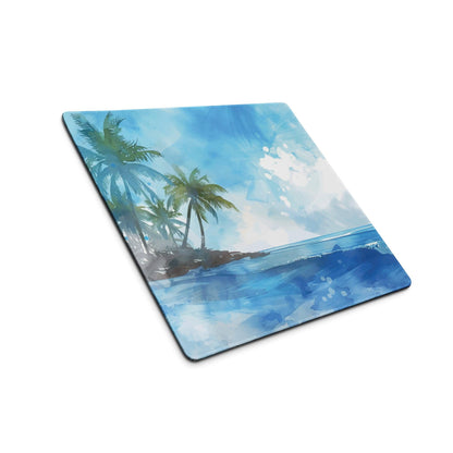 Blue watercolor beach mousepad with palm trees, ocean waves, non-slip bottom
