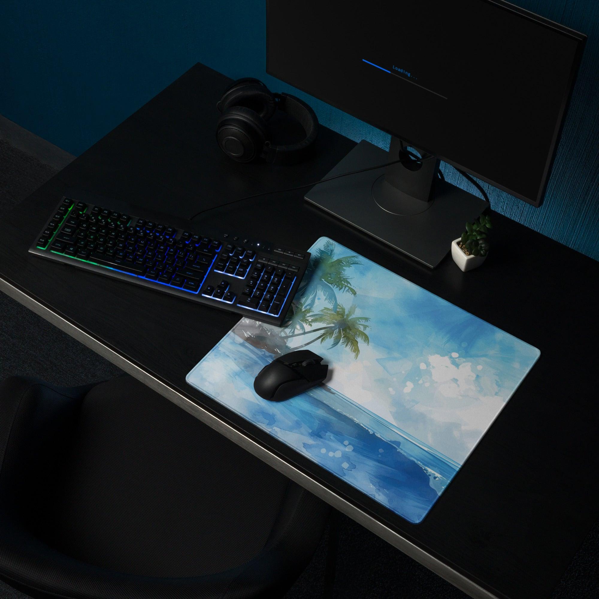 Blue tropical beach mousepad with palm trees, ocean waves, non-slip bottom