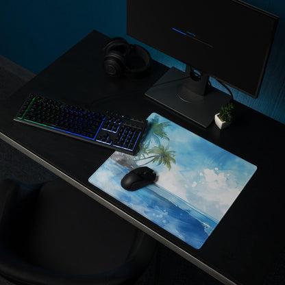 Blue tropical beach mousepad with palm trees, ocean waves, non-slip bottom