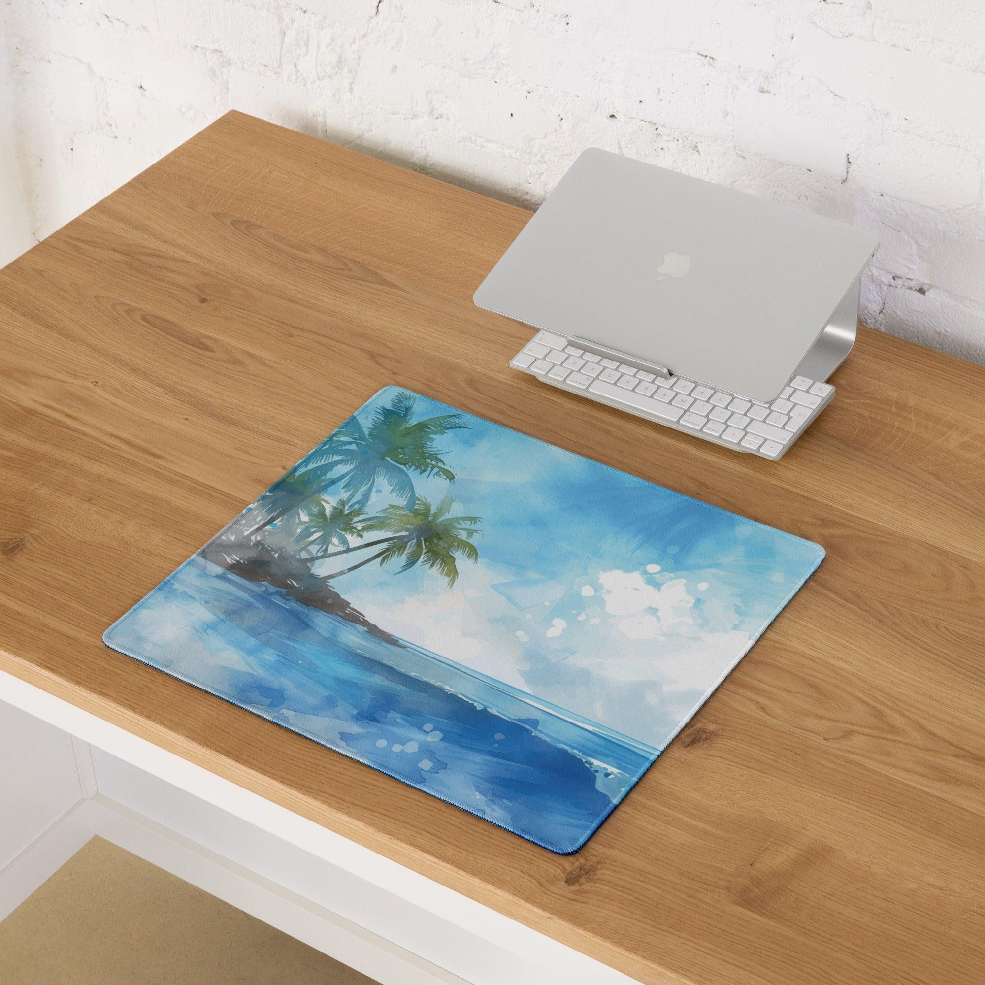 Blue watercolor beach mousepad with palm trees, ocean waves, non-slip bottom