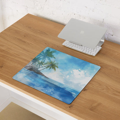 Blue watercolor beach mousepad with palm trees, ocean waves, non-slip bottom