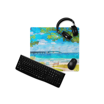 Blue green watercolor beach scene mousepad with bridge, large gaming pad