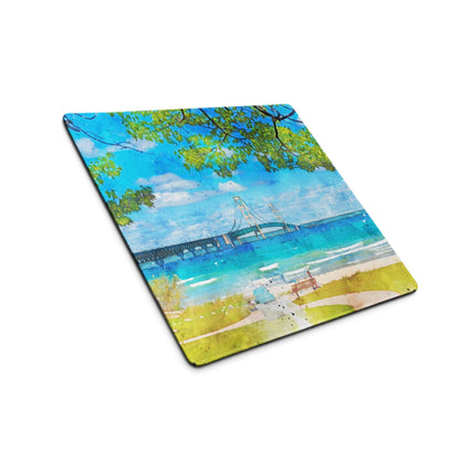 Watercolor beach scene mouse pad with vibrant ocean blues, edge stitching, non-slip base