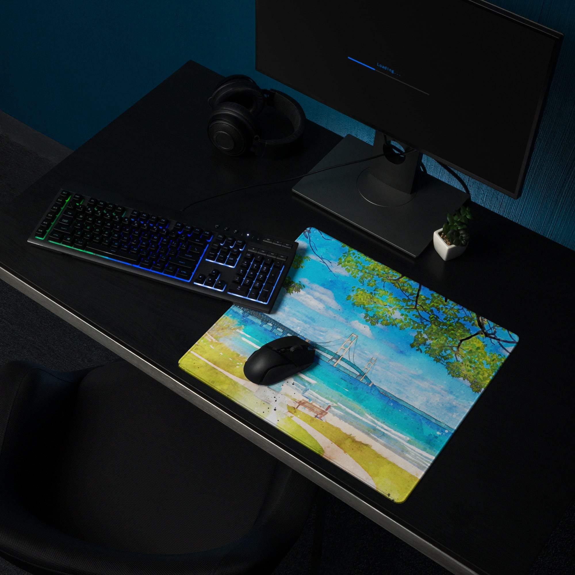 Large watercolor beach scene gaming mouse pad with vibrant ocean blues