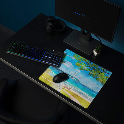 Large watercolor beach scene gaming mouse pad with vibrant ocean blues
