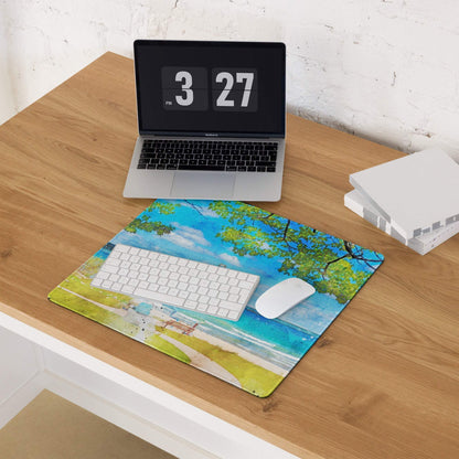Watercolor beach scene mouse pad with blue green ocean, white keyboard and mouse