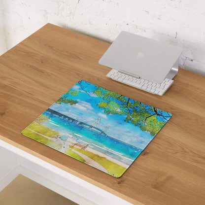 Vibrant watercolor beach mouse pad with ocean blues, trees, bridge, non-slip base