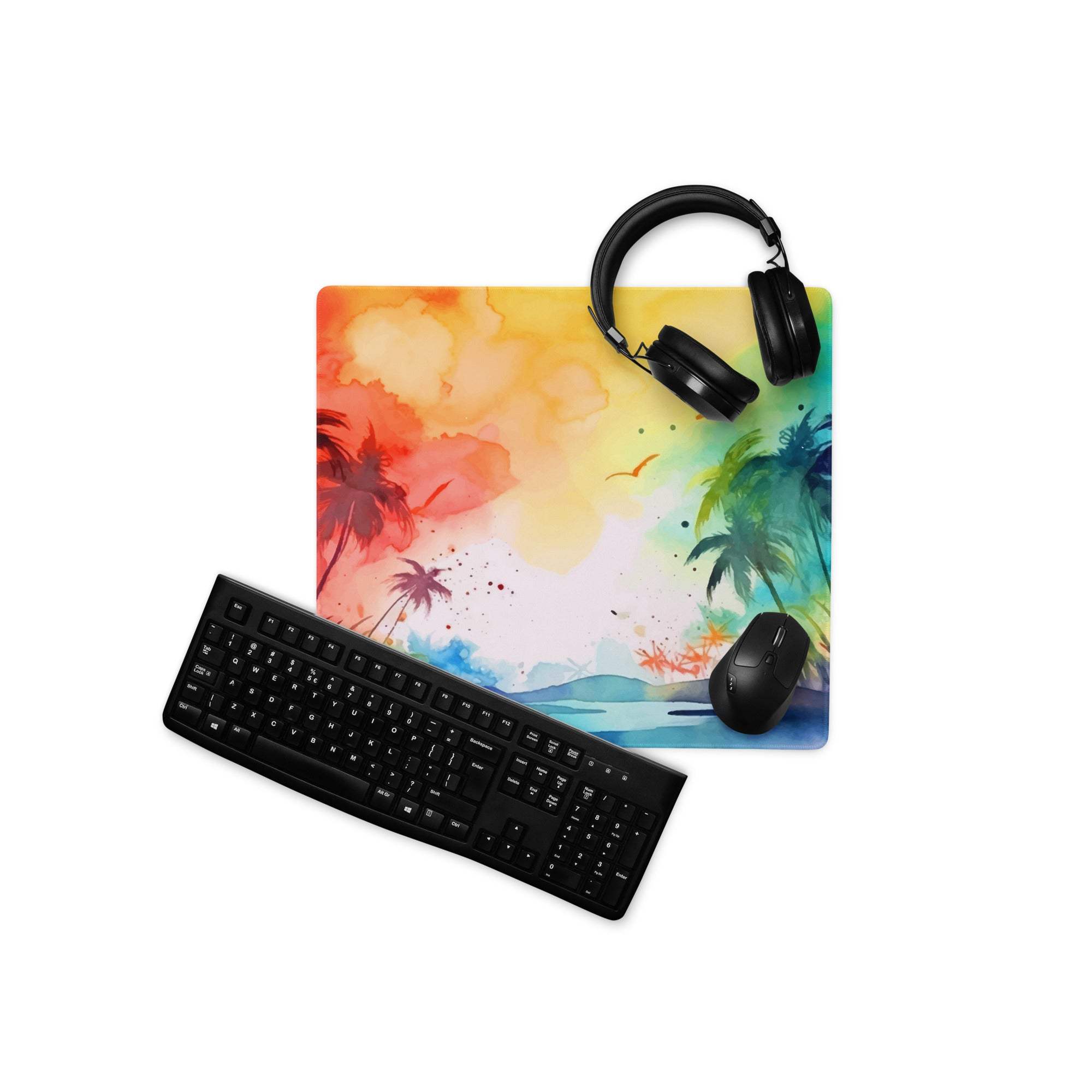 Vibrant watercolor tropical beach mousepad with palm trees, sunset hues, non-slip base
