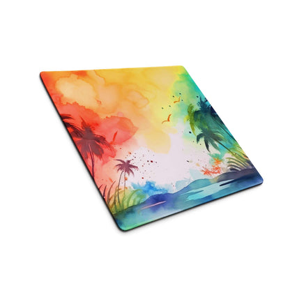 Vibrant watercolor tropical palm trees on rainbow gradient gaming mouse pad