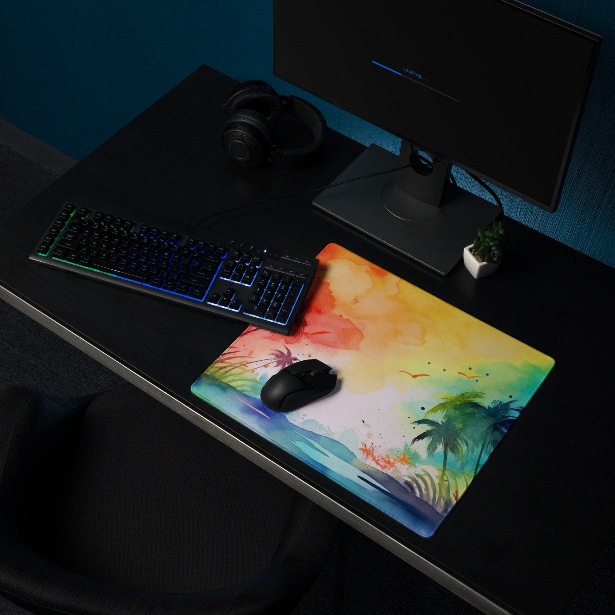 Vibrant rainbow watercolor oasis gaming mouse pad with sunset palms, birds, non-slip base