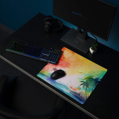 Vibrant rainbow watercolor oasis gaming mouse pad with sunset palms, birds, non-slip base