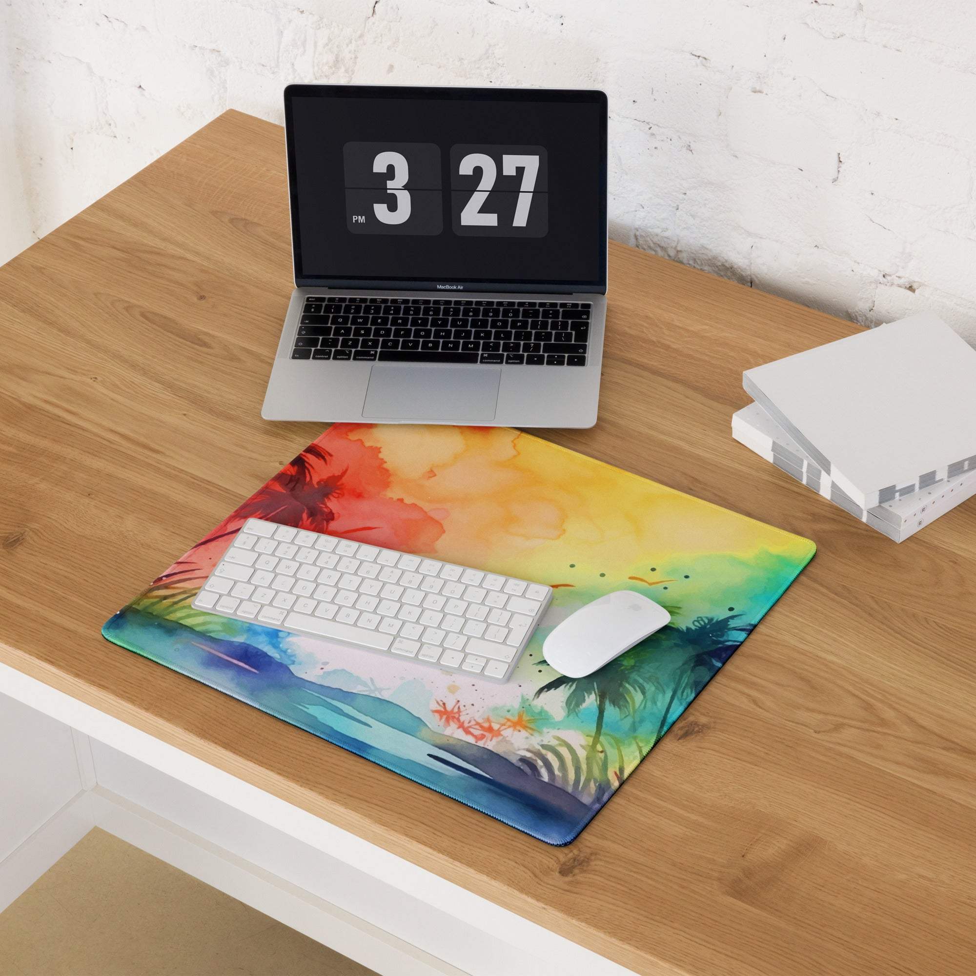 Vibrant watercolor tropical beach mousepad with palm trees sunset hues