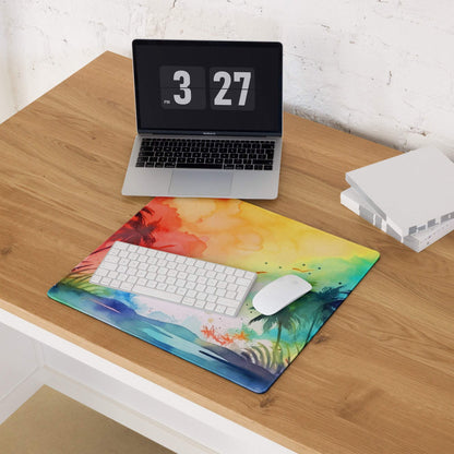 Vibrant watercolor tropical beach mousepad with palm trees sunset hues
