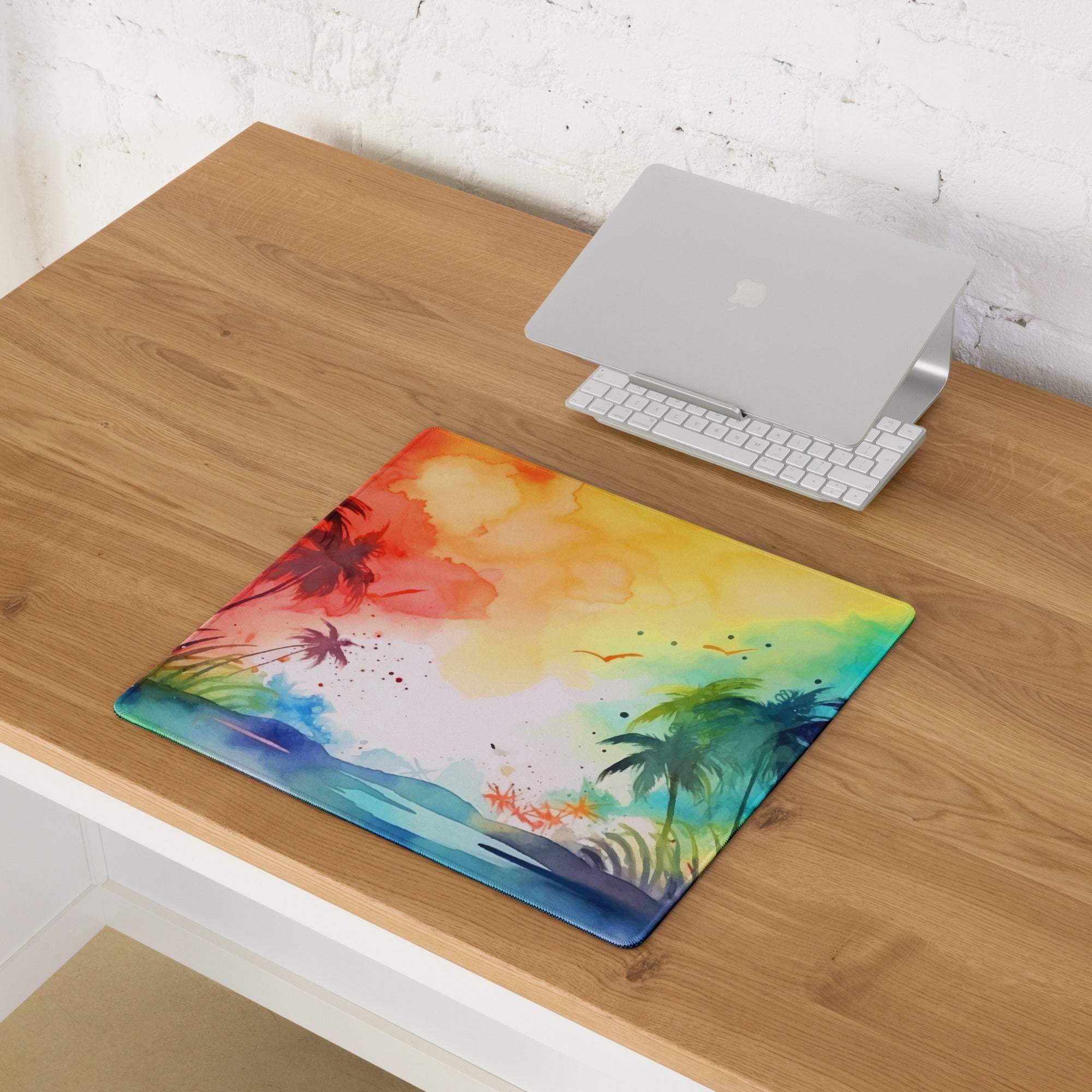 Vibrant watercolor tropical beach laptop mouse pad with sunset hues