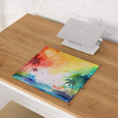 Vibrant watercolor tropical beach laptop mouse pad with sunset hues